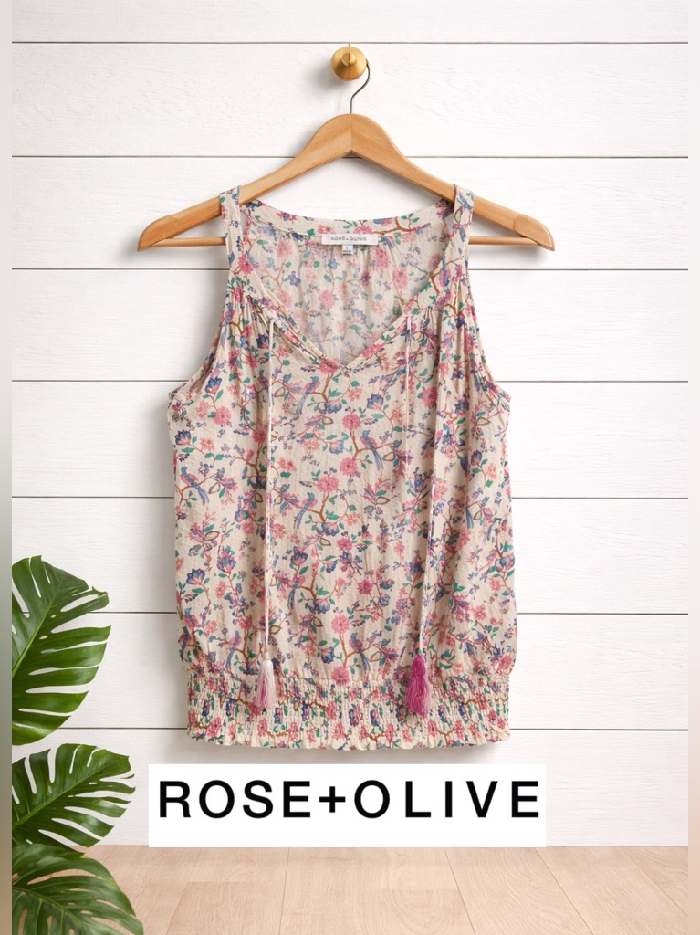 Rose+Olive Floral Bird Tank Top Size Large Boho Tassel Sleeveless